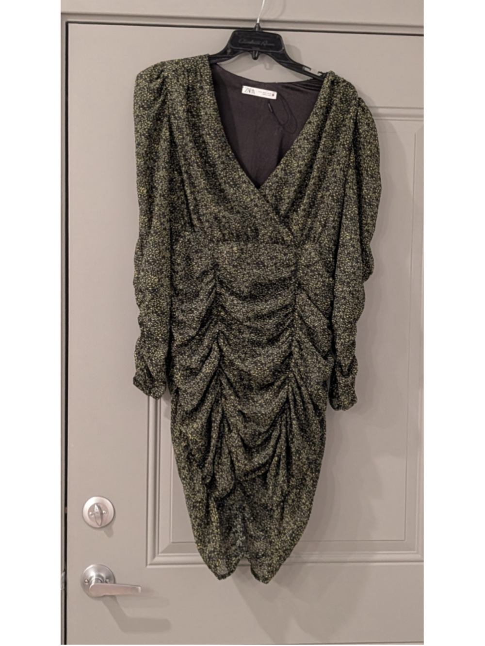 Women's Zara Mini Dress Size M Black Yellow Ruched Long Sleeve